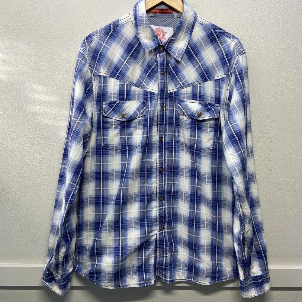 Christian Audigier Blue Plaid Pearl Snap Long Sleeve Button Up Men's XL